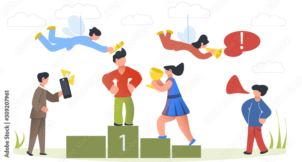 Winner reward. Award Ceremony. People lay a laurel golden wreath. Victory notification through a megaphone. Presentation of the cup. Photo with a winner. Stock vector illustration. Cartoon characters.