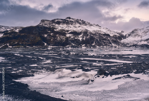 Beautiful winter landscape of the Myrdalsjokull Glacier during Christmas on the south coast of Iceland
