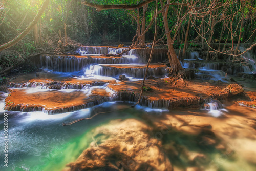Fototapeta Naklejka Na Ścianę i Meble -  Huay Mae Khamin waterfalls in tropical forest at Srinakarin National Park , a beautiful stream water famous rainforest , Kanchanaburi  province, Thailand