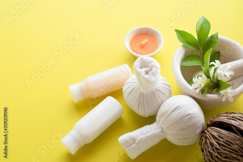 Flat lay, top view Composition of homemade spa treatments on color background.Beauty concept.