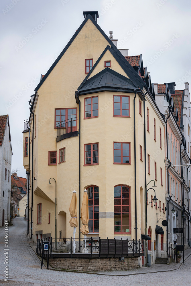 Image of old vintage scandinavian style houses in the Visby city, Sweden