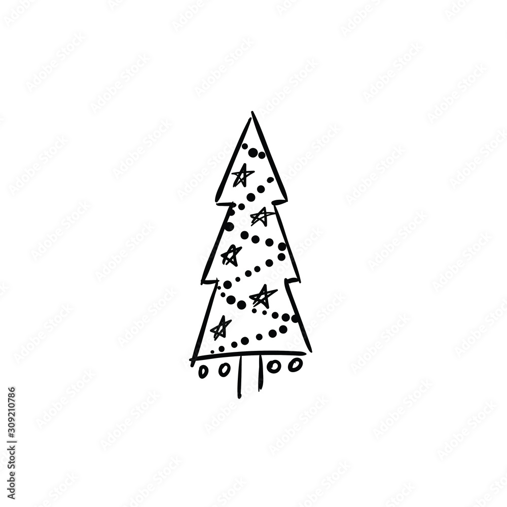 Fototapeta premium Christmas tree doodle pine tree sketch tree drawing holiday decoration star ornament retro Xmas