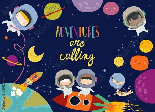 Cute frame composed of girls ans boys astronauts riding a rocket
