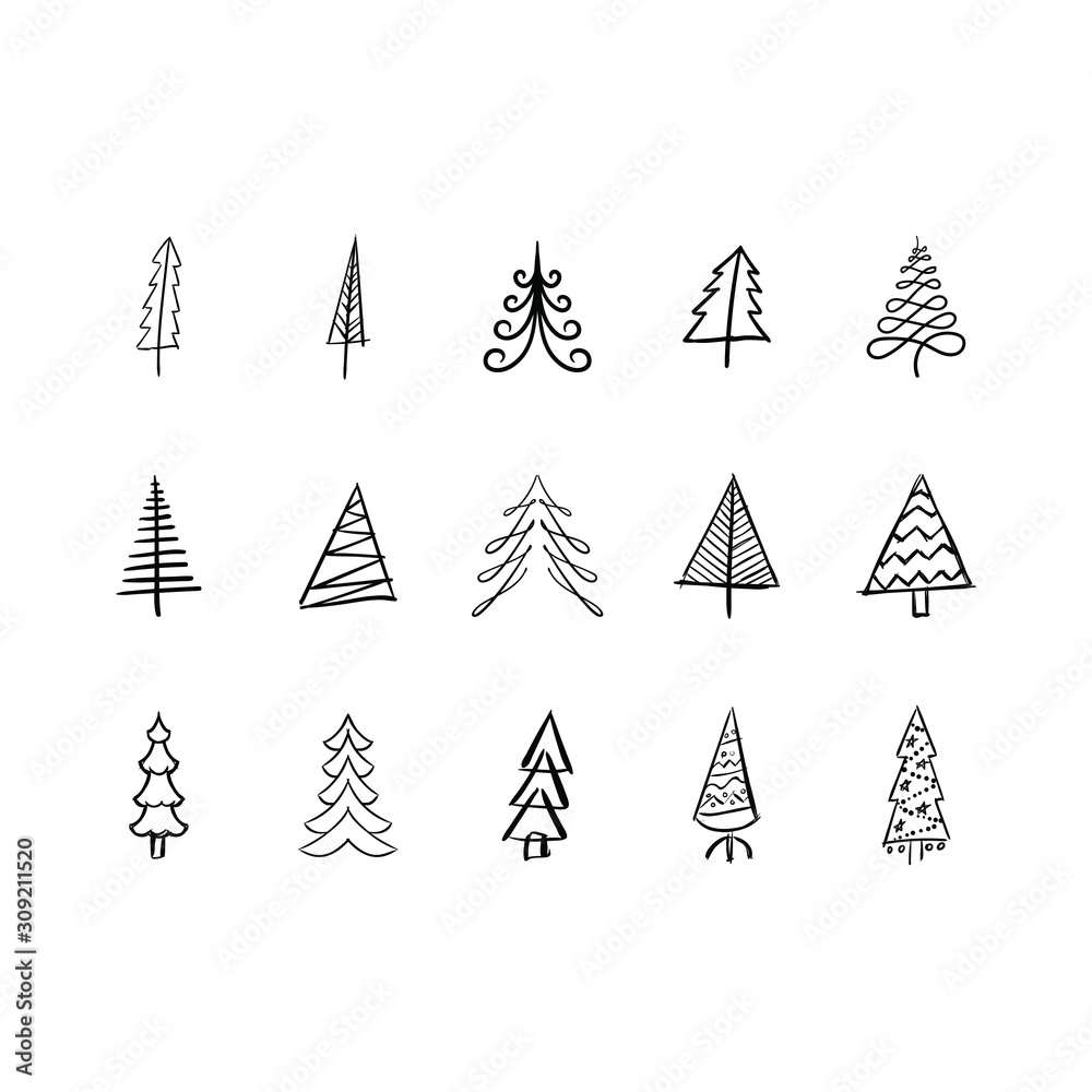 Christmas tree doodle pine tree sketch tree drawing holiday decoration star ornament retro Xmas Векторный объект Stock