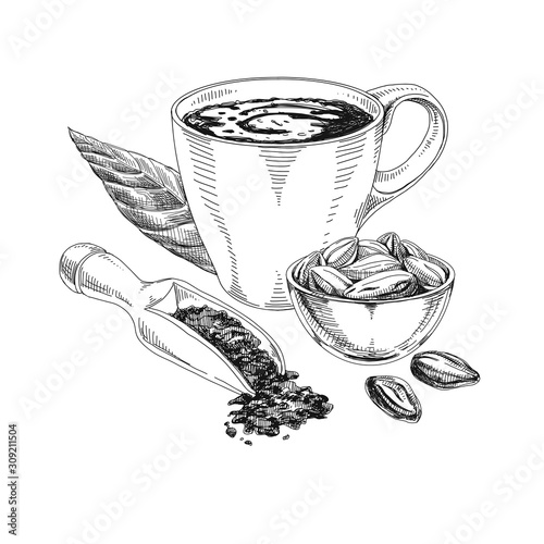 Cocoa products hand drawn vector sketch illustration