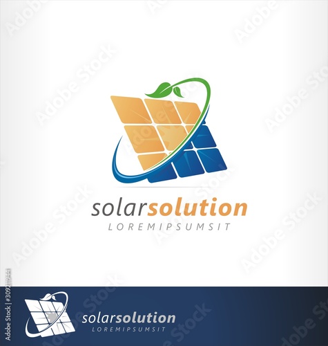 Solar energy logo design. Sign, symbol or icon for clean, friendly green power energy. Solar cell installation. Ecology industry technology.