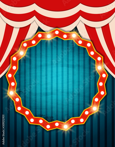 Vintage banner on Red curtain and circus retro background