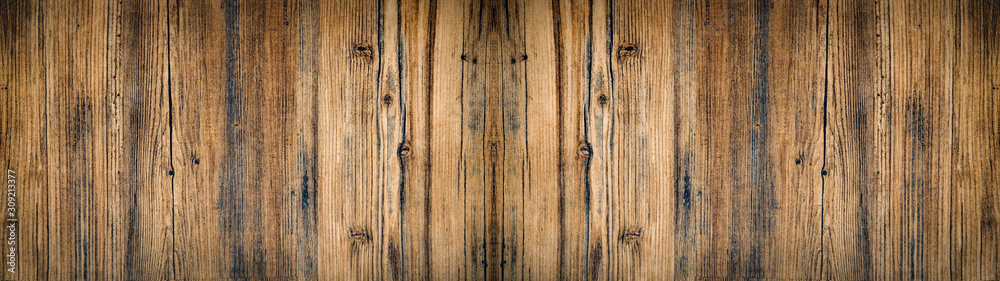 Naklejka premium old brown rustic dark weathered wooden texture - wood background panorama banner long