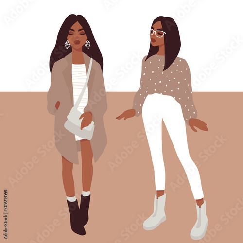 Young women vector set. Stylish girls in trendy clothes isolated on white background.