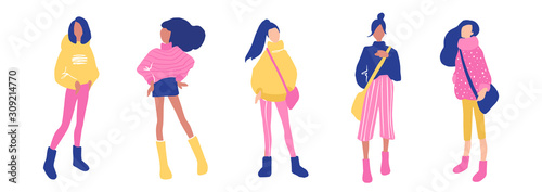 Vector girls set in flat style. Young teenagers illustration isolated on white background.