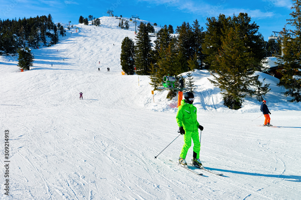 Man Skier skiing at Penken Park in Tyrol in Austria