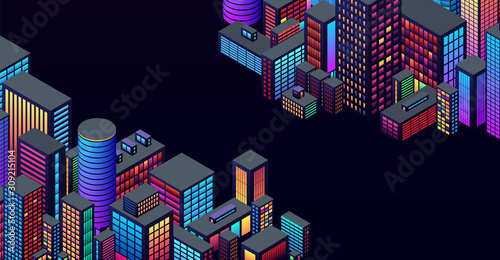 Background with city view with isometric perspective and vibrant neon colors