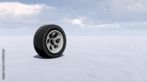 Car Wheel in Snow, Winter, 3D Rendering © Lasha Kilasonia