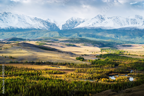 The Chuya River Valley and the North Chuysky Range at dawn. Russia, mountain Altai