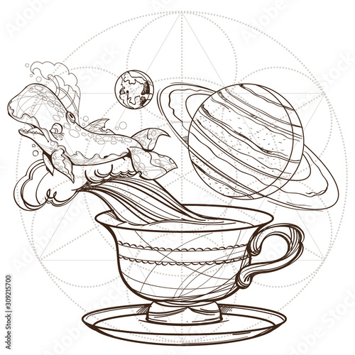 Motivating illustration with the phrase. Outline sketch for the painting with a mug of coffee, whale and planets. Picture for design of posters, T-shirts and a variety of gifts. photo