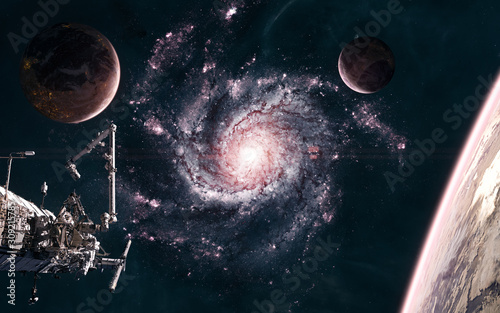 Fototapeta Naklejka Na Ścianę i Meble -  Beautiful cosmic landscape. Planets, space station on background of red galaxy somewhere in deep space. Science fiction. Elements of this image furnished by NASA