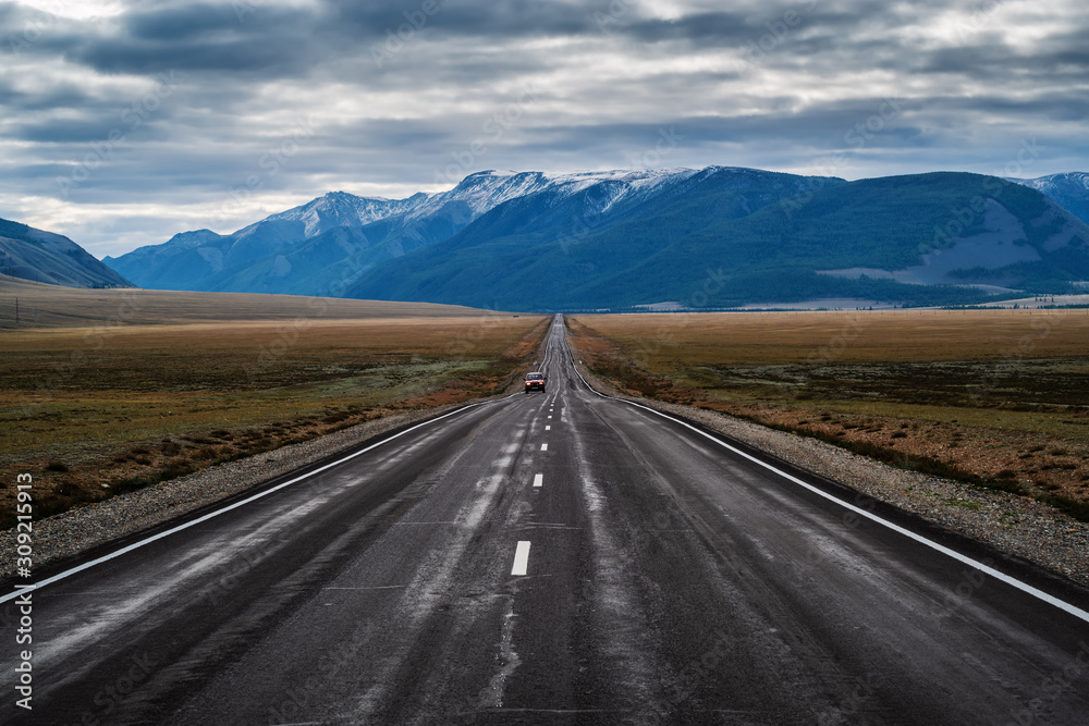 Chuysky tract at dawn, landscape with a highway. Russia, mountain Altai