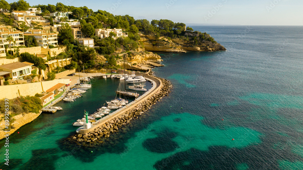 the Bay Cala Portals Vells Mallorca Spain, from the height of bird flight