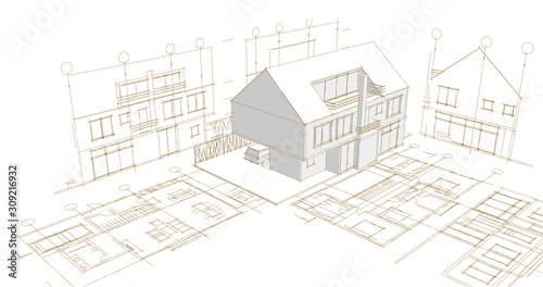 house architecture sketch 3d illustration