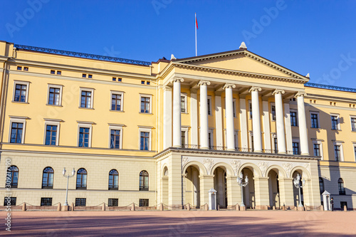 Majestic facade of The Royal Palace in Oslo, Norway