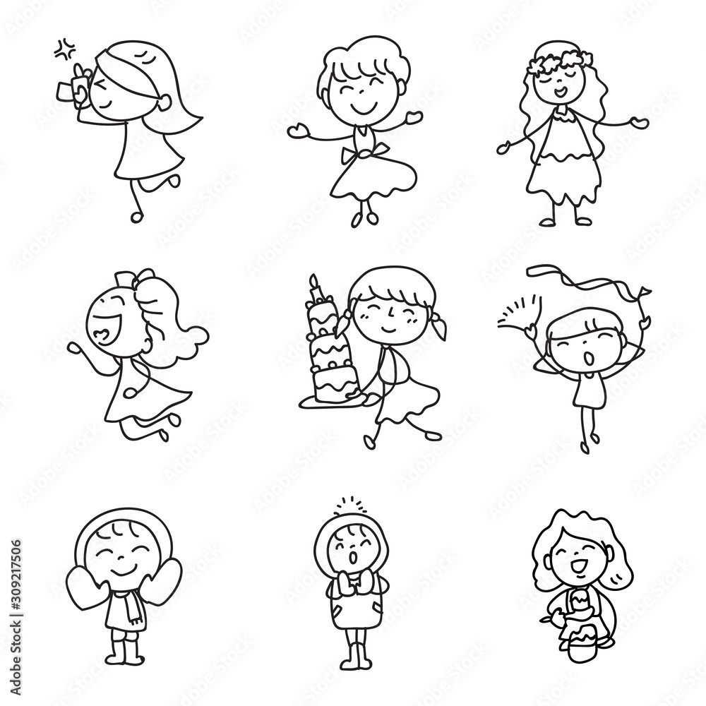 children illustration hand drawing vector happy kids girls happiness concept abstract cartoon character children illustration hand drawing vector happy kids girls happiness concept abstract cartoon character