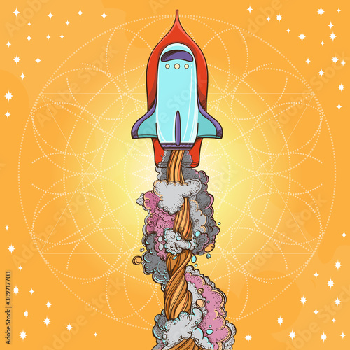 Conceptual illustration on the theme of space travel. Flying in the space shuttle. Design for t-shirts, gifts, promotional leaflets and feature articles about space.