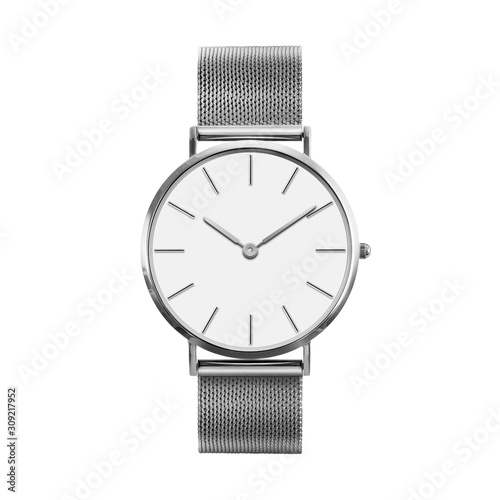 Expensive wristwatch made of silver metal, isolated on white background.