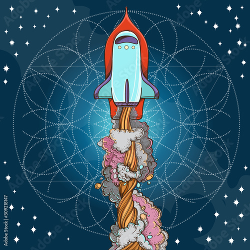 Conceptual illustration on the theme of space travel. Flying in the space shuttle. Design for t-shirts, gifts, promotional leaflets and feature articles about space.