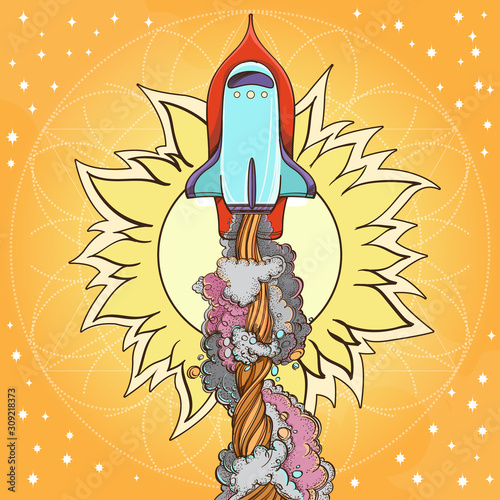 Conceptual illustration on the theme of space travel. Flying in the space shuttle. Design for t-shirts, gifts, promotional leaflets and feature articles about space.