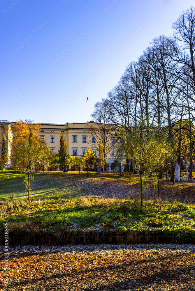 Park around the back of The Royal Palace in Oslo, Norway