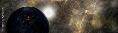 Global earth at night with stars constellation in universe galaxy.  Elements of this image furnished by NASA.