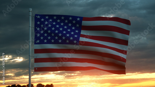 USA flag waving isolated on dramatic sky. 3d rendering