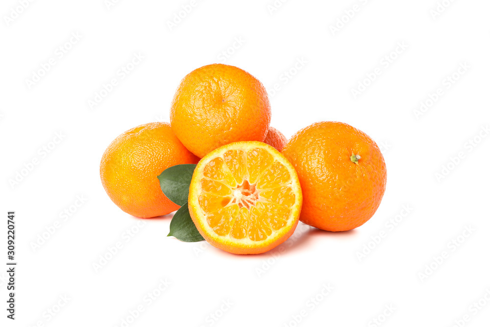 Group of mandarins with leaves isolated on white background Group of mandarins with leaves isolated on white background