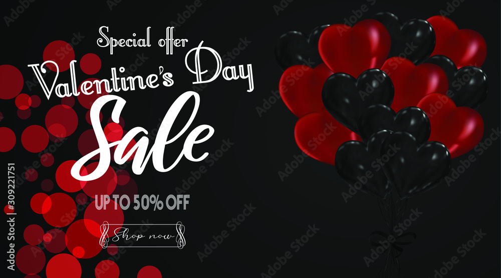 Naklejka premium Valentine’s Day Special offer sale template background. Shopping discount . Realistic heart ballon, Vector illustration greeting card, lovely flyer, promotion advertisement, invitation poster, banner