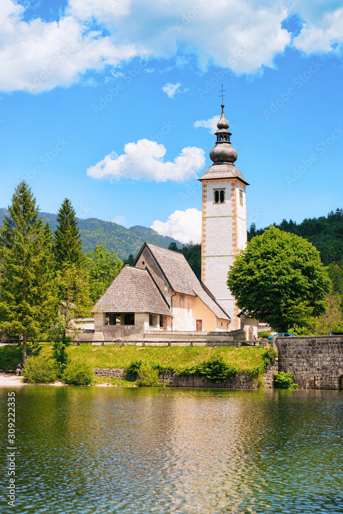 Scenery and Church St John Baptist Bohinj Lake Slovenia