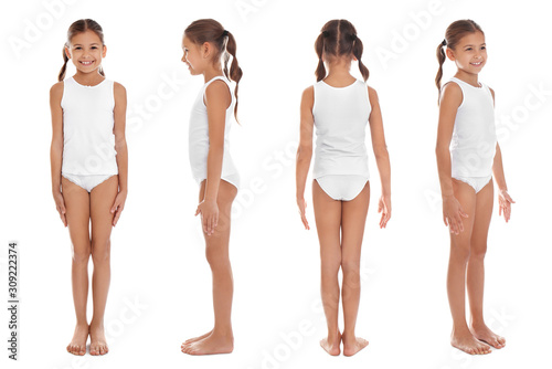 Collage of cute little girl in underwear on white background photo