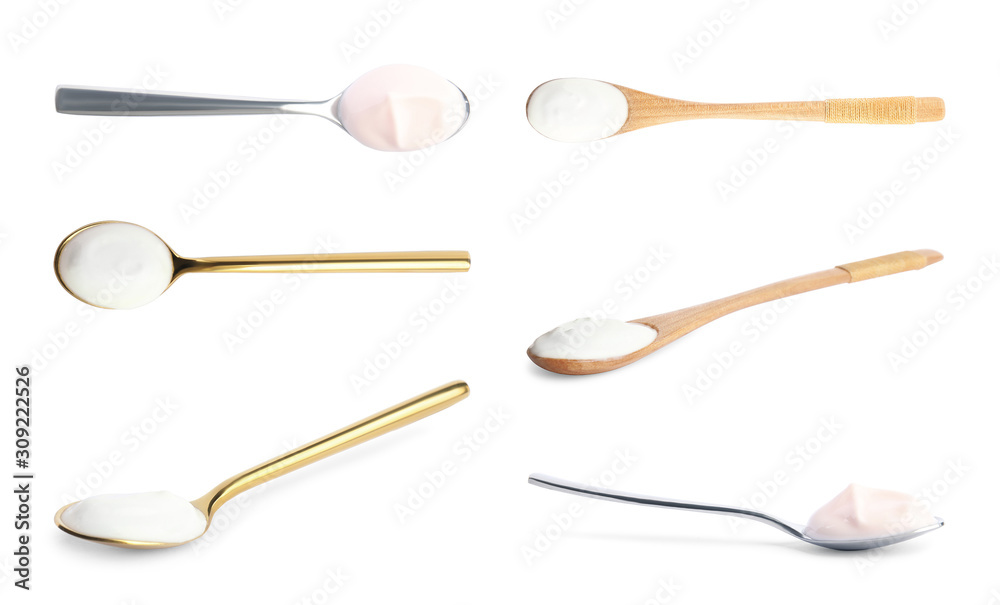 Set of delicious natural yogurt on white background Set of delicious natural yogurt on white background