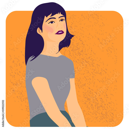 Lovely young teenager girl with violet hair. calm. dreamy. trendy look. vector illustration