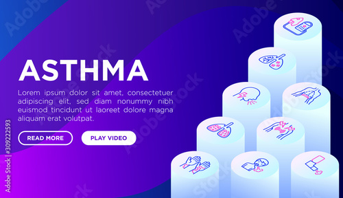 Asthma web page template with thin line isometric icons: allergen, dyspnea, cough, wheezing, chest pain, diaphragm, asthma attack, sputum, peak flow meter, inhaler, nebulizer. Vector illustration.