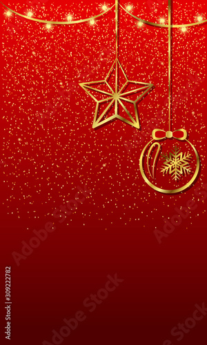 Vector christmas illustration. Gold Christmas ball and star with a garland of light bulbs on a red background with sparkles