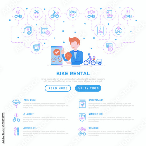 Bike rental web page template with thin line icons: rates, bicycle tours, pet trailer, padlock, helmet, child seat, sharing, pointer, deposit, mobile app, cycling route. Modern vector illustration.