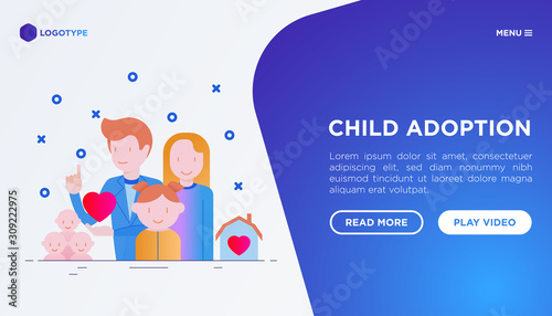 Child adoption concept with flat icons: adoptive parents, helping hand, orphan, home care, custody, caregivers, happy kid. Vector illustration, template with copy space.