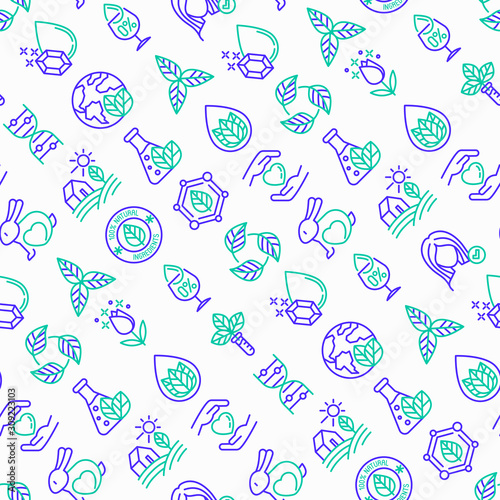 Organic cosmetics seamless pattern with thin line icons for product packaging. Cruelty free, 0% alcohol, natural ingredients, paraben free, eco friendly, no mineral oil. Vector illustration.