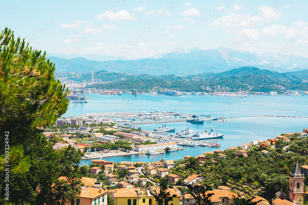 Naklejka premium International Port of La Spezia. The port of La Spezia is one of the largest commercial ports in the Ligurian Sea