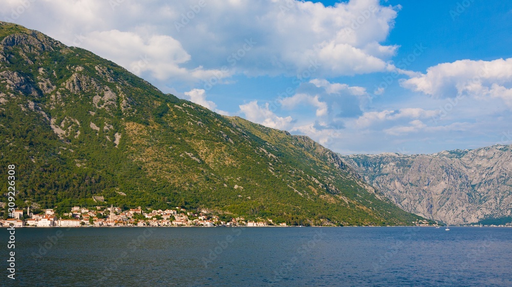 Bay of Kotor, in summer day. Perast and mountains far away. Montenegro
