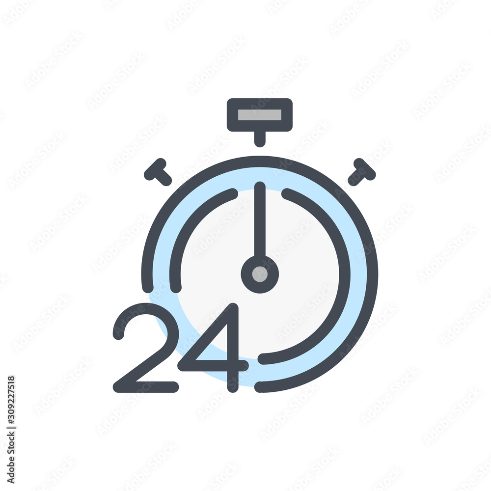 24 hours fast service color line icon. Timer countdown with 24 vector outline colorful sign. 24 hours fast service color line icon. Timer countdown with 24 vector outline colorful sign.