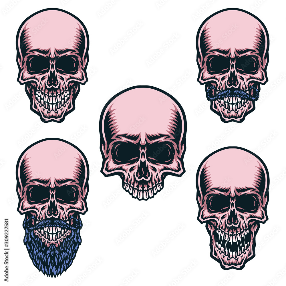 Set of different skull characters hand drawn line with digital color, vector illustration