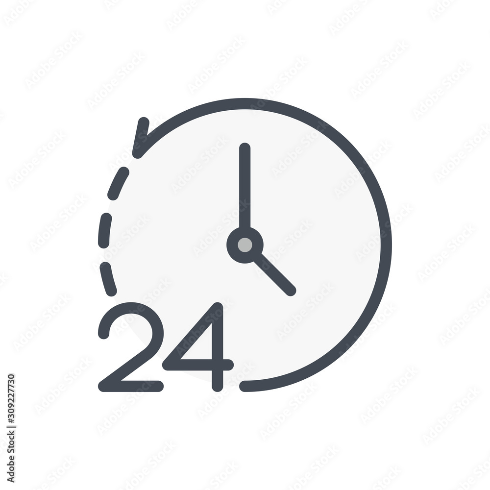 Repeat clock and watch with 24 color line icon. 24 hours support service vector outline colorful sign. Repeat clock and watch with 24 color line icon. 24 hours support service vector outline colorful sign.