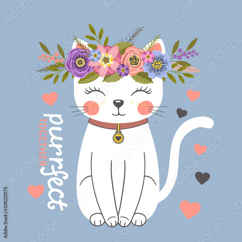 Cute cat girl with floral wreath. Purr-fect Together slogan. Cartoon vector illustration design for t-shirt graphics, fashion prints