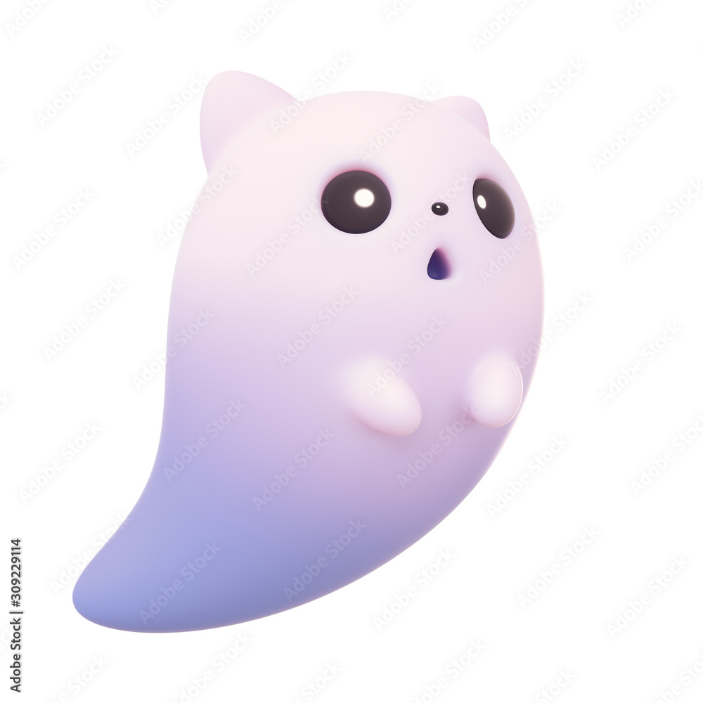 Cute cartoon ghost cat floating in the air. Flying kawaii Halloween